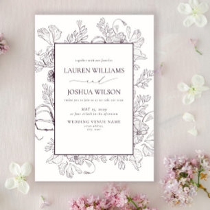 Invitation Élégant Plum Purple Floral Line Art Mariage