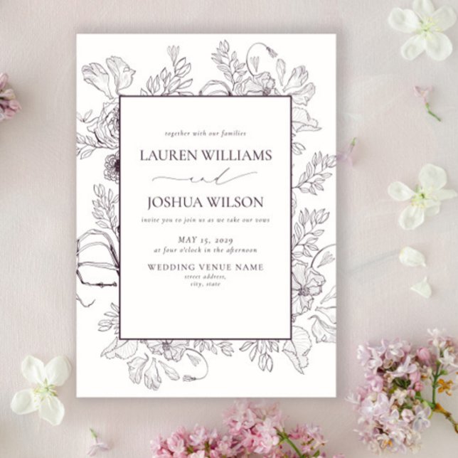 Invitation Élégant Plum Purple Floral Line Art Mariage (Créateur téléchargé)