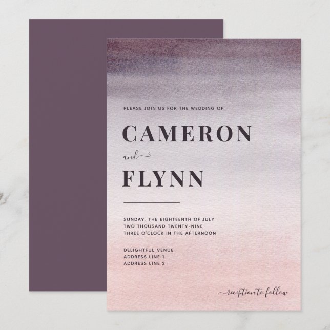 Invitation Elégant Plum rose Ombre Aquarelle Mariage moderne (Devant / Derrière)