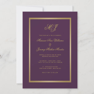 Invitation Élégant Plum violet or Script Monogramme Mariage