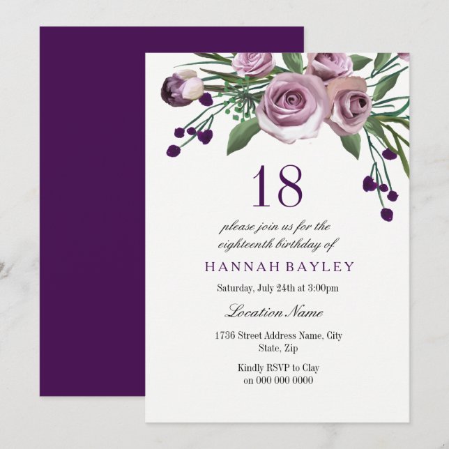 Invitation Élégant Plum violet Rose 18e anniversaire Invitati (Devant / Derrière)