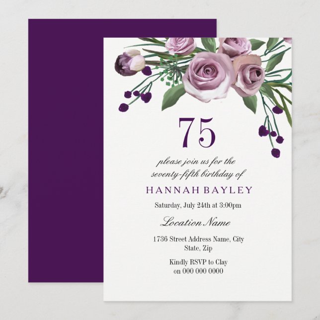 Invitation Élégant Plum violet Rose 75e anniversaire Invitati (Devant / Derrière)