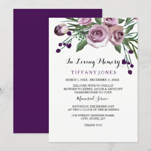 Invitation Élégant Plum violet Rose funéraire service commémo