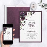 Élégant Plum violet Script floral 50e anniversaire