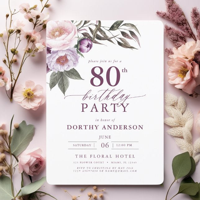 Invitation Élégant Plum violet Script floral 80e anniversaire (Créateur téléchargé)