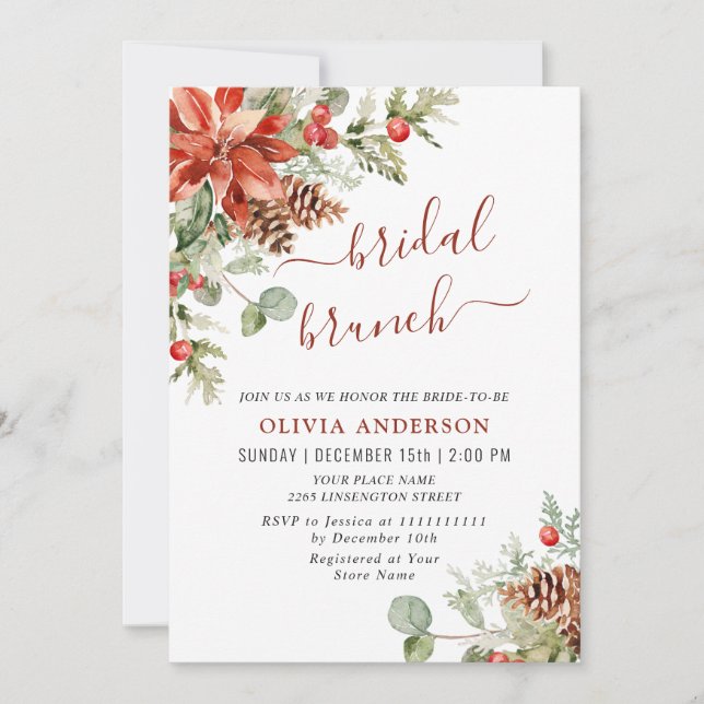 Invitation Elégant Poinsettia Aquarelle Rouge Brunch nuptial (Devant)