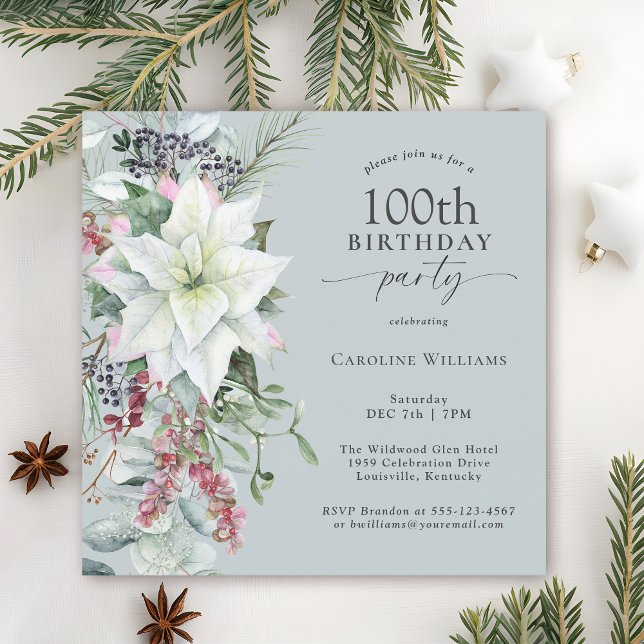 Invitation Elégant Poinsettia Florale Décembre 100e Anniversa (Available in both printed and instant download paperless formats.)