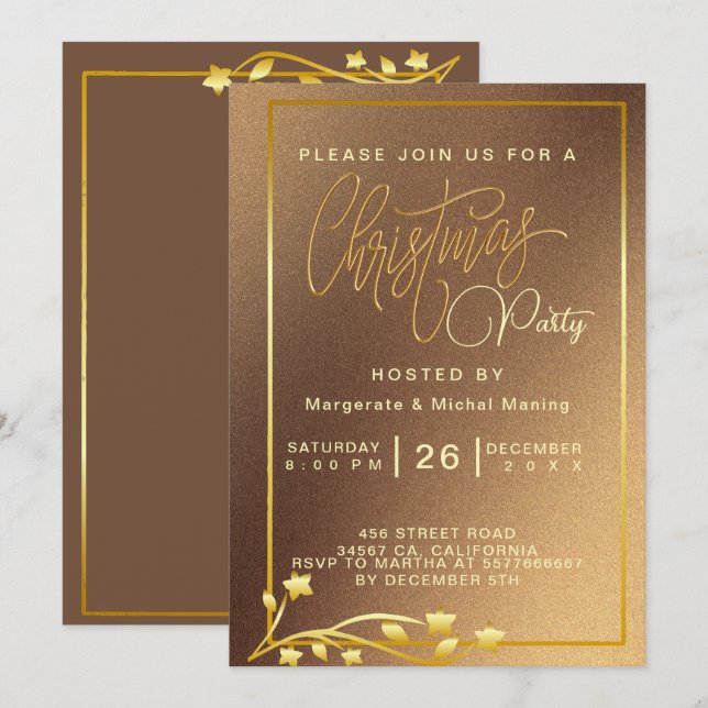 Invitation Élégant Poinsettia Gold Christmas (Devant / Derrière)