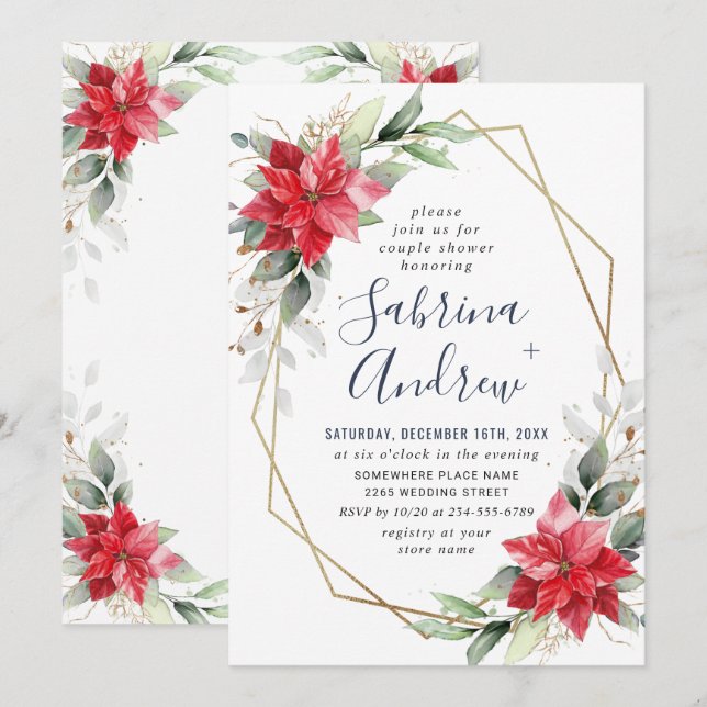 Invitation Elégant Poinsettia rouge hiver Floral Couple Douch (Devant / Derrière)