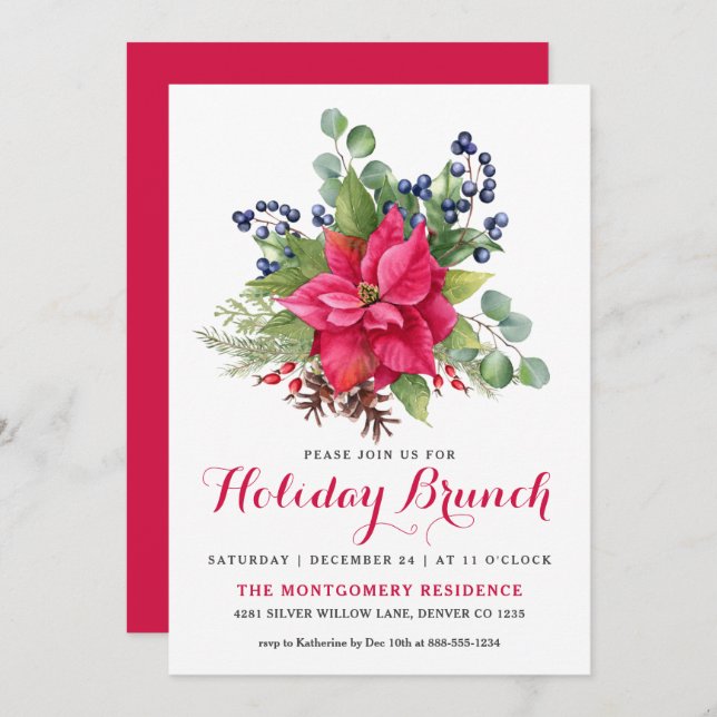 Invitation Elégant Poinsettia Rouge Noël Brunch (Devant / Derrière)