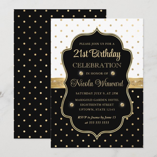 Invitation Elégant Pois noir et blanc 21e anniversaire (Devant / Derrière)