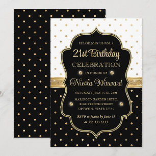 Invitation Elégant Pois noir et blanc 21e anniversaire