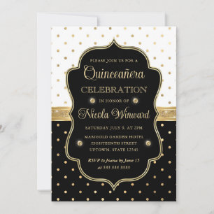 Invitation Élégant pois noirs et blancs pour Quinceanera