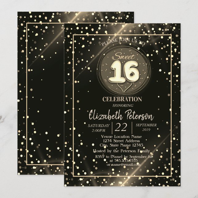 Invitation Elégant Pois or, Sweet 16 Party (Devant / Derrière)