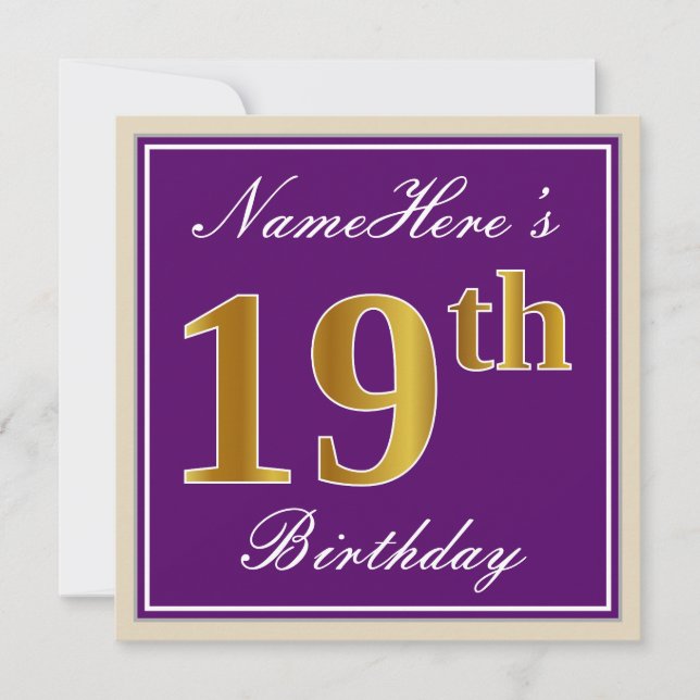 Invitation Elégant, pourpre, Faux Gold 19e anniversaire + Nom (Devant)