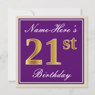 Invitation Elégant, pourpre, Faux Gold 21e anniversaire + Nom