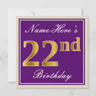 Invitation Elégant, pourpre, Faux Gold 22e anniversaire + Nom