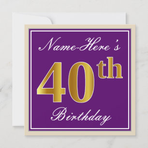 Invitation Elégant, pourpre, Faux Gold 40e anniversaire + Nom