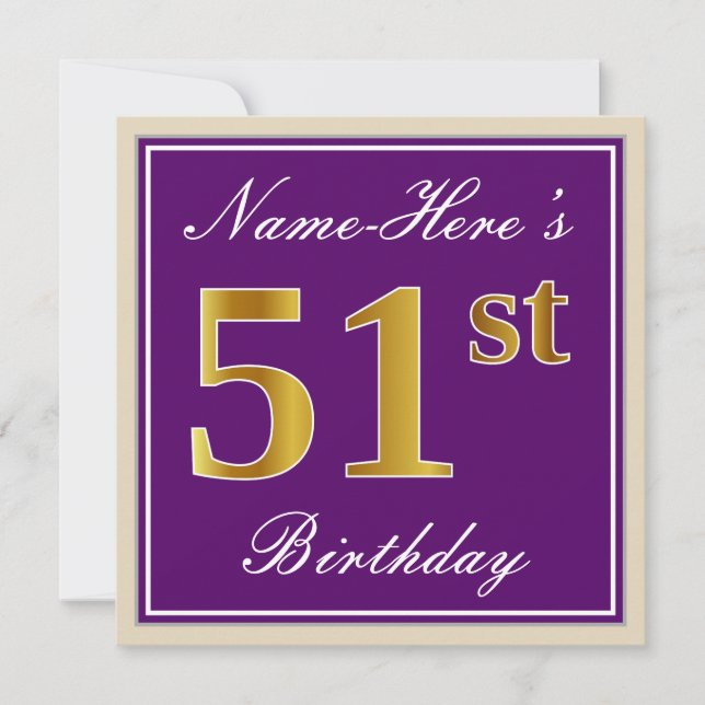 Invitation Elégant, pourpre, Faux Gold 51e anniversaire + Nom (Devant)