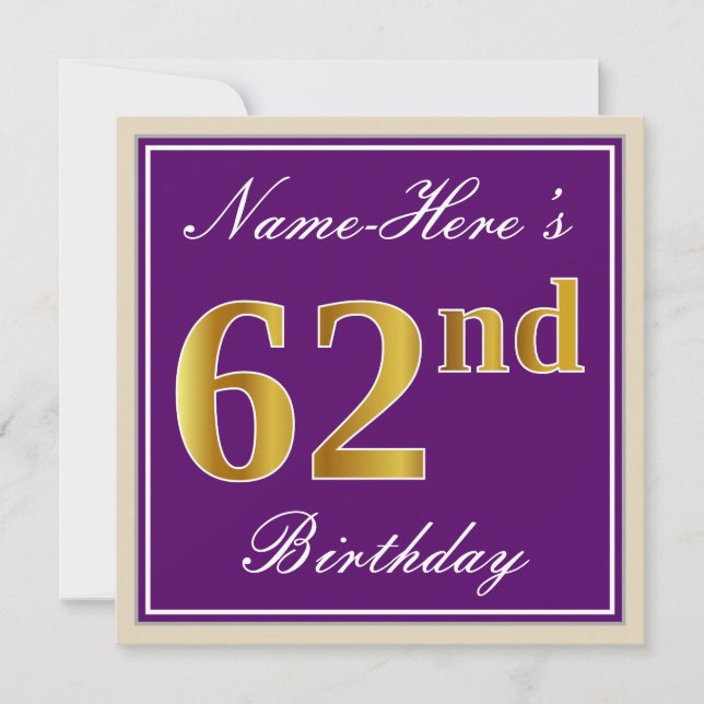 Invitation Elégant, pourpre, Faux Gold 62e anniversaire + Nom (Devant)