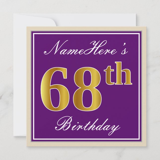 Invitation Elégant, pourpre, Faux Gold 68e anniversaire + Nom (Devant)