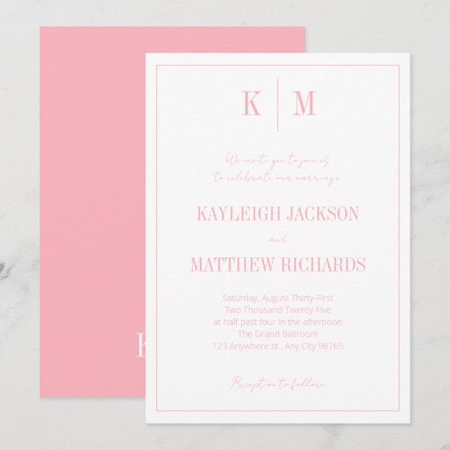 Invitation Elegant Powder Pink Monogram Wedding  (Devant / Derrière)