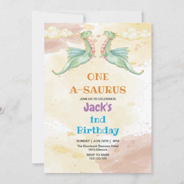 Invitation Elégant premier anniversaire Dinosaur Aquarelle (Devant)