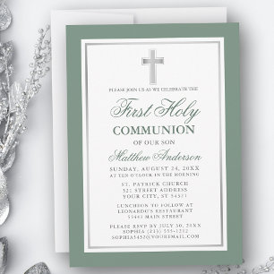 Invitation Élégant Première Sainte Communion Sage Vert Argent