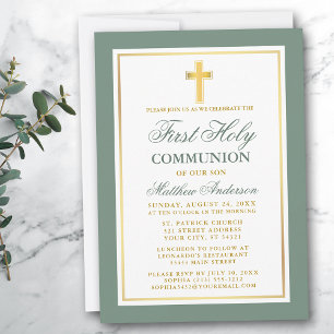 Invitation Élégant Première Sainte Communion Sage Vert Or