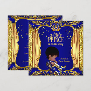 Invitation Élégant Prince Baby shower Blue Gold Ethnic