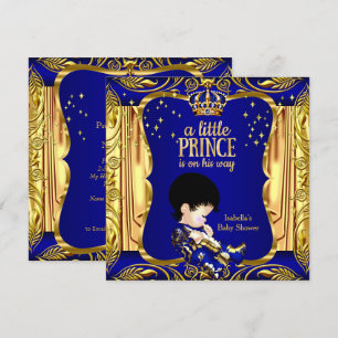 Invitation Élégant Prince Fête de Naissance Bleu Or Brunette