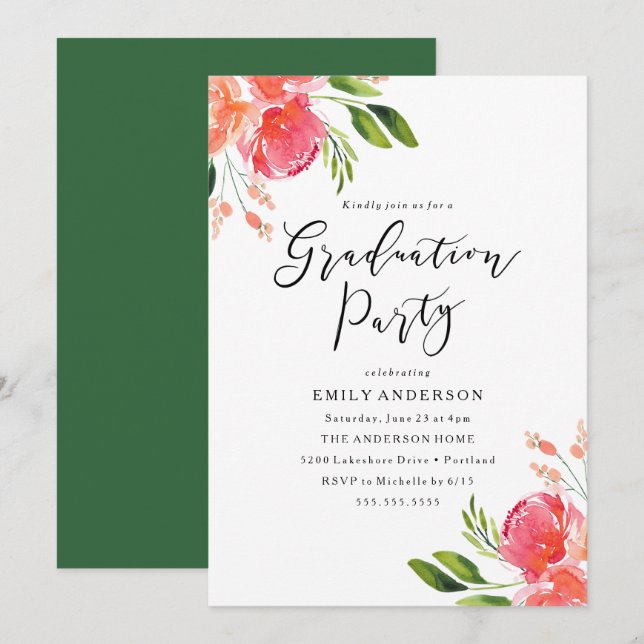 Invitation Elégant printemps aquarelle Floral Graduation Part (Devant / Derrière)