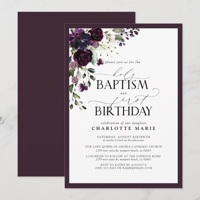 Invitation Élégant prune violet Baptême floral 1er anniversai (Devant / Derrière)
