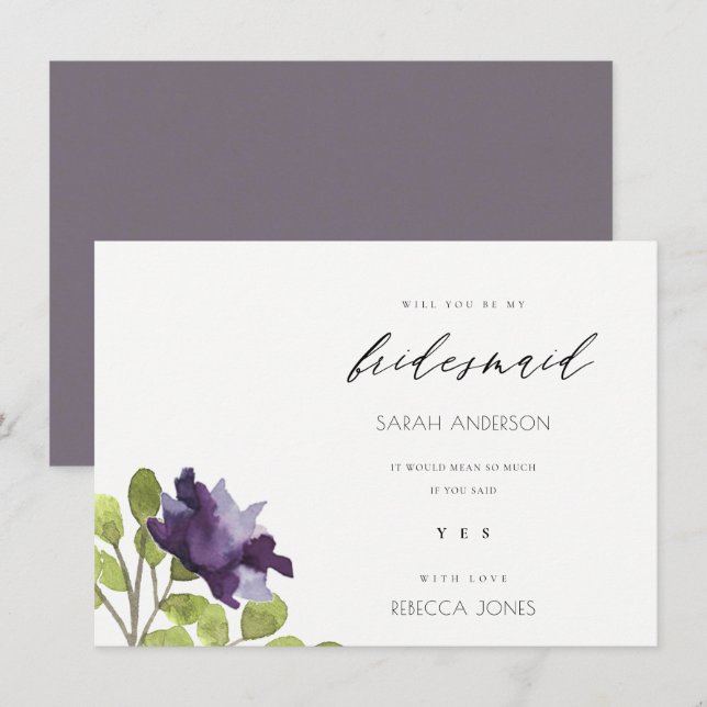 INVITATION ELÉGANT PURANT BLEU FLORAL COULEUR D'EAU BRIDESMAI (Devant / Derrière)