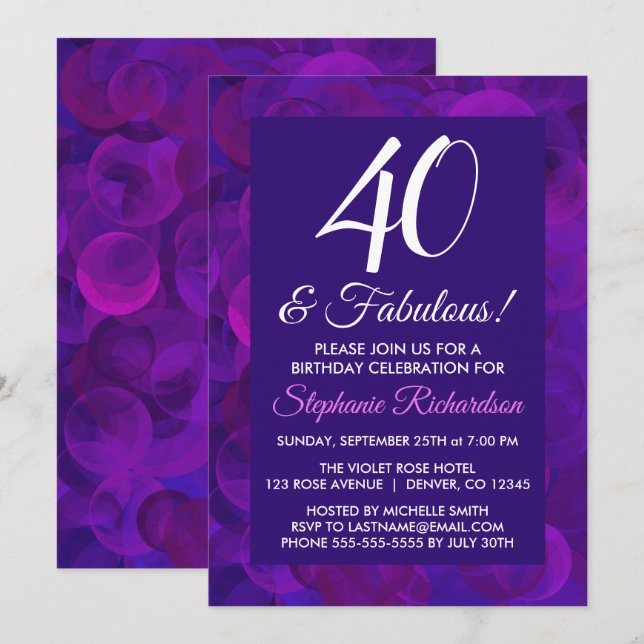 Invitation Elégant Purple 40 & Fabuleux fête d'anniversaire (Devant / Derrière)