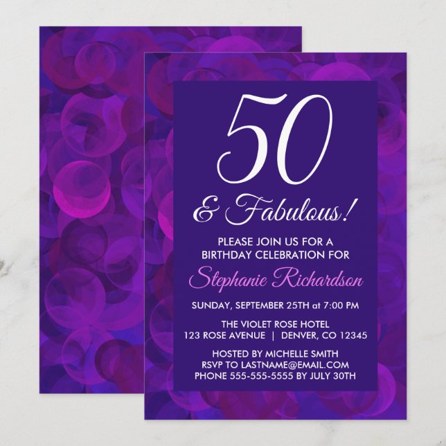 Invitation Elégant Purple 50 & Fabuleux fête d'anniversaire (Devant / Derrière)
