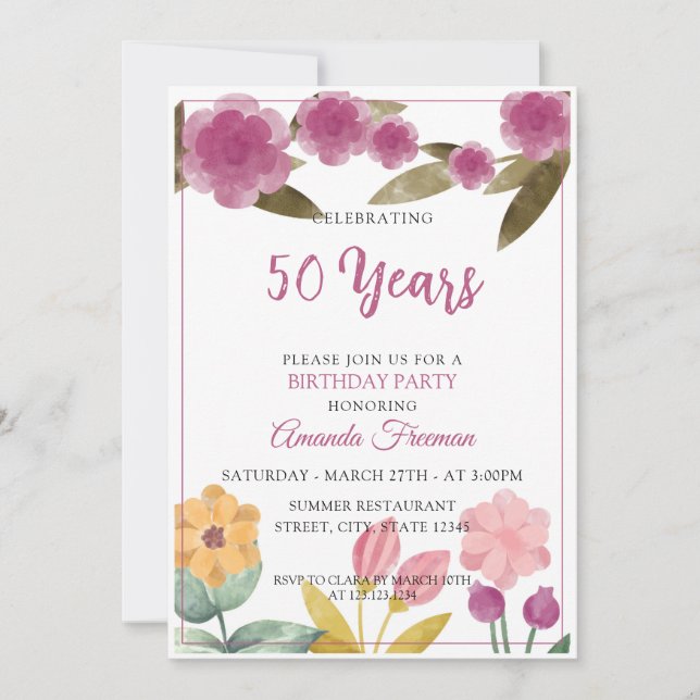 Invitation Elégant Purple Aquarelle Fleurs Mère Anniversaire (Devant)