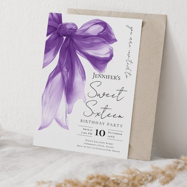 Invitation Elegant Purple Bow Coquette Script Sweet 16 Party  (Elegant Purple Bow Coquette Script Sweet 16 Party Invitation)