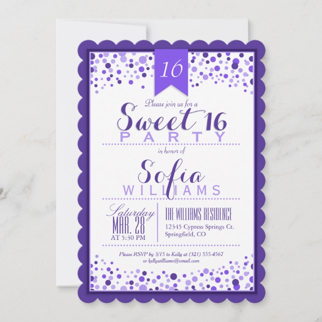Invitation Élégant Purple et blanc sucré 16 fête d'anniversai (Devant)