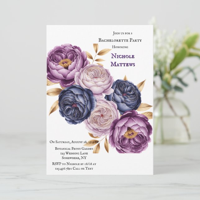 Invitation Élégant Purple et Magenta Peony Bachelotte Party (Debout devant)