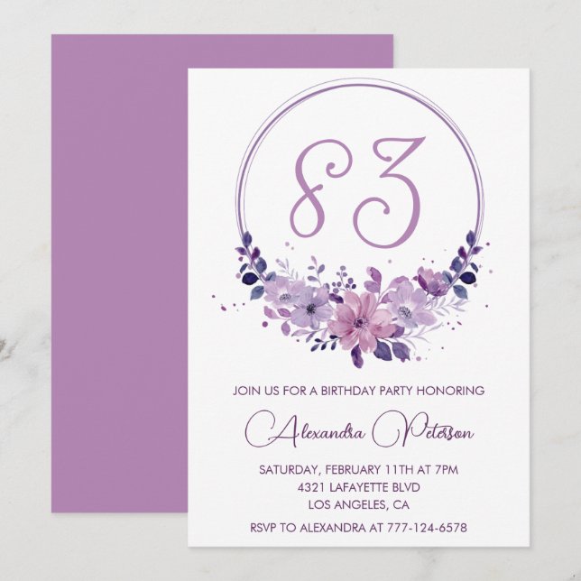 Invitation Élégant Purple Floral 83e anniversaire (Devant / Derrière)