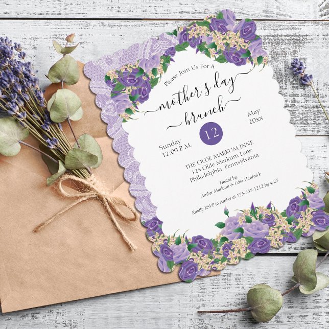 Invitation Elégant Purple Floral dentelle Fête des Mères Brun (Elegant Purple Floral and Lace Mother's Day Brunch Invitation -Print and/or Digital Download Version)