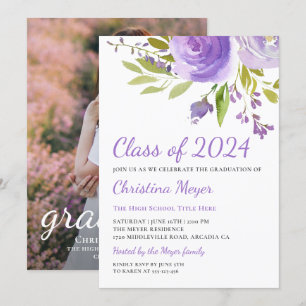 Invitation Élégant Purple Floral Graduation Party Photo