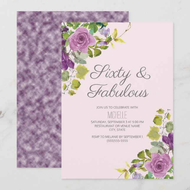 Invitation Élégant Purple Floral Green Vines 60e anniversaire (Devant / Derrière)