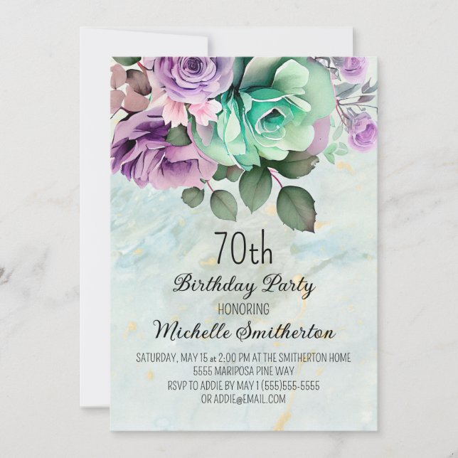 Invitation Élégant Purple Floral Mint Green 70e anniversaire (Devant)
