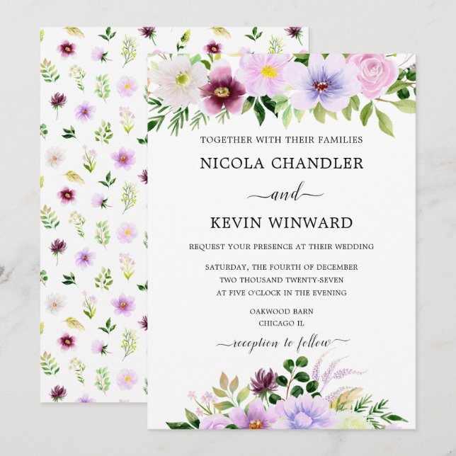 Invitation Elegant Purple Floral Wedding (Devant / Derrière)
