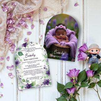 Invitation Elegant Purple Garland Floral Photo Baptism Baby