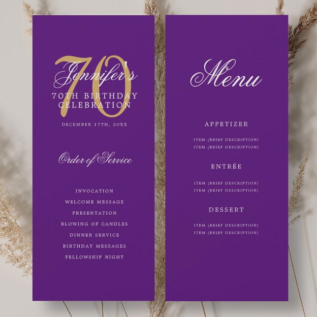 Invitation Elégant Purple Gold 70e Anniversaire Menu du progr (Elegant Purple Gold 70th Birthday Program Menu)