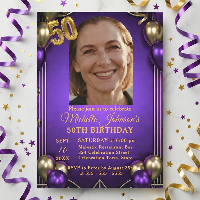 Invitation Elegant Purple & Gold Balloons Photo 50th Birthday (Créateur téléchargé)