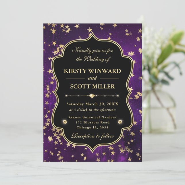 Invitation Elegant Purple  & Gold Celestial Starry Wedding (Debout devant)